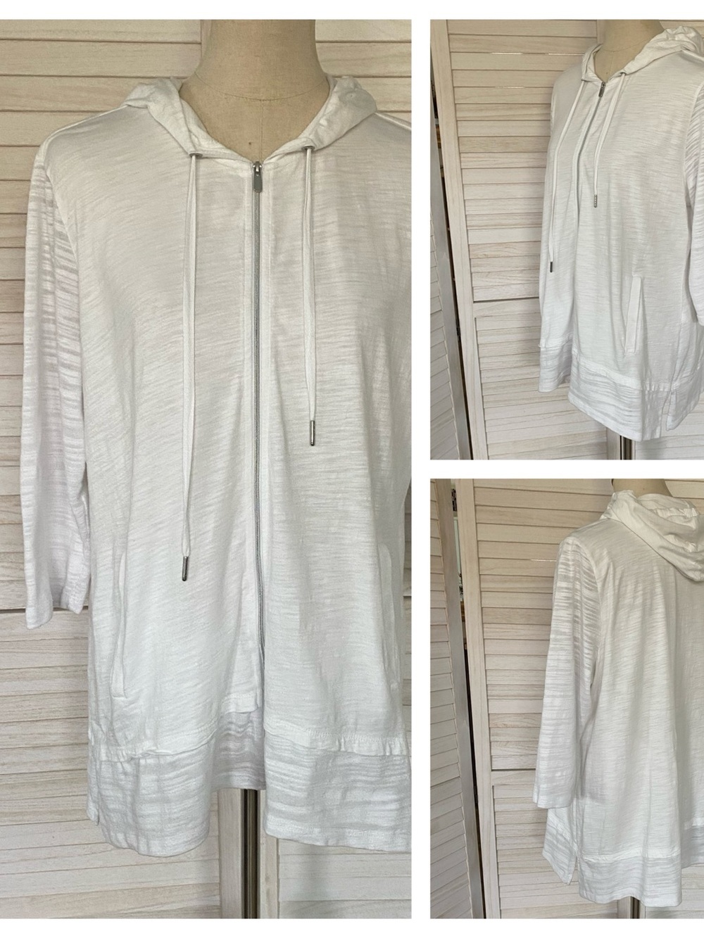 Chico's Weekends White Hooded Zip Jacket Casual Comfy Resortwear